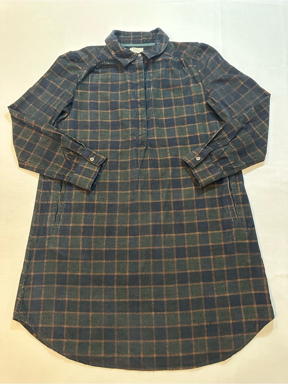 FatFace Women’s US 10R Plaid Corduroy Shirt Dress Midi Green Navy Brown